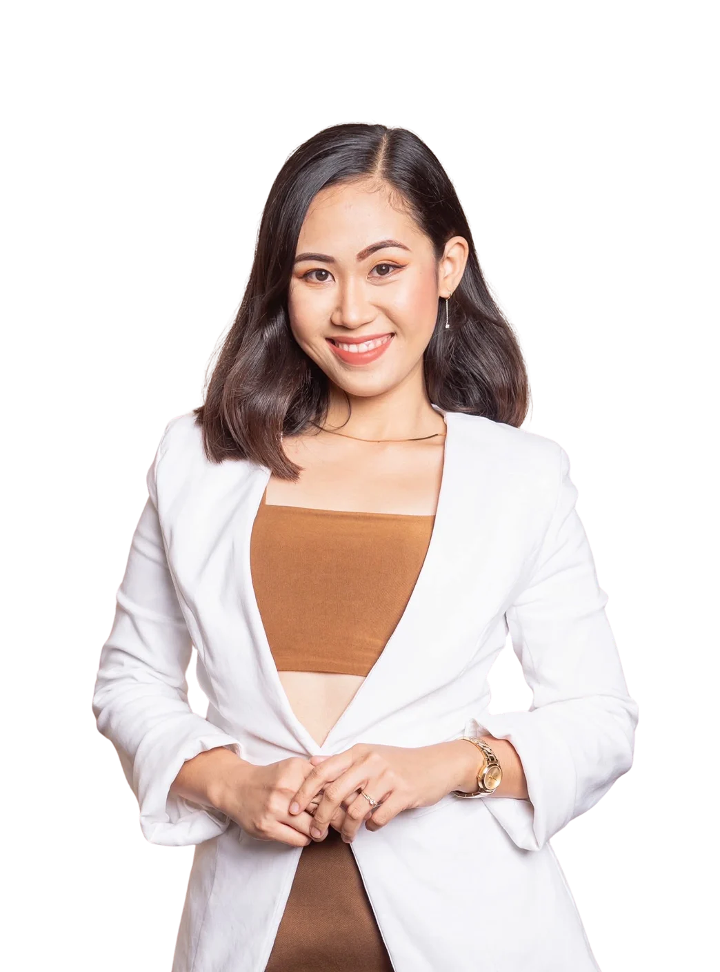 Smiling designer in a white blazer